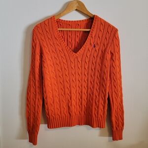 vintage orange Ralph Lauren Polo v-neck cable knit cotton sweater Y2K schoolgirl
